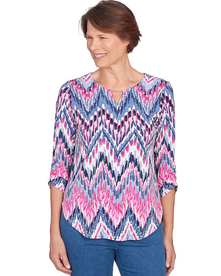 Alfred Dunner® Puff Print Ikat Chevron Split Neck Top image number 1