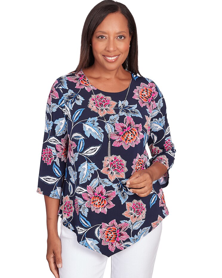 Alfred Dunner® Puff Print Classic Floral Top with Necklace image number 1