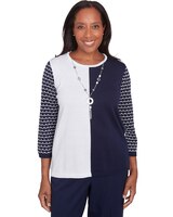 Alfred Dunner® Block Island Striped Sleeve Colorblock Sweater with Necklace thumbnail number 1