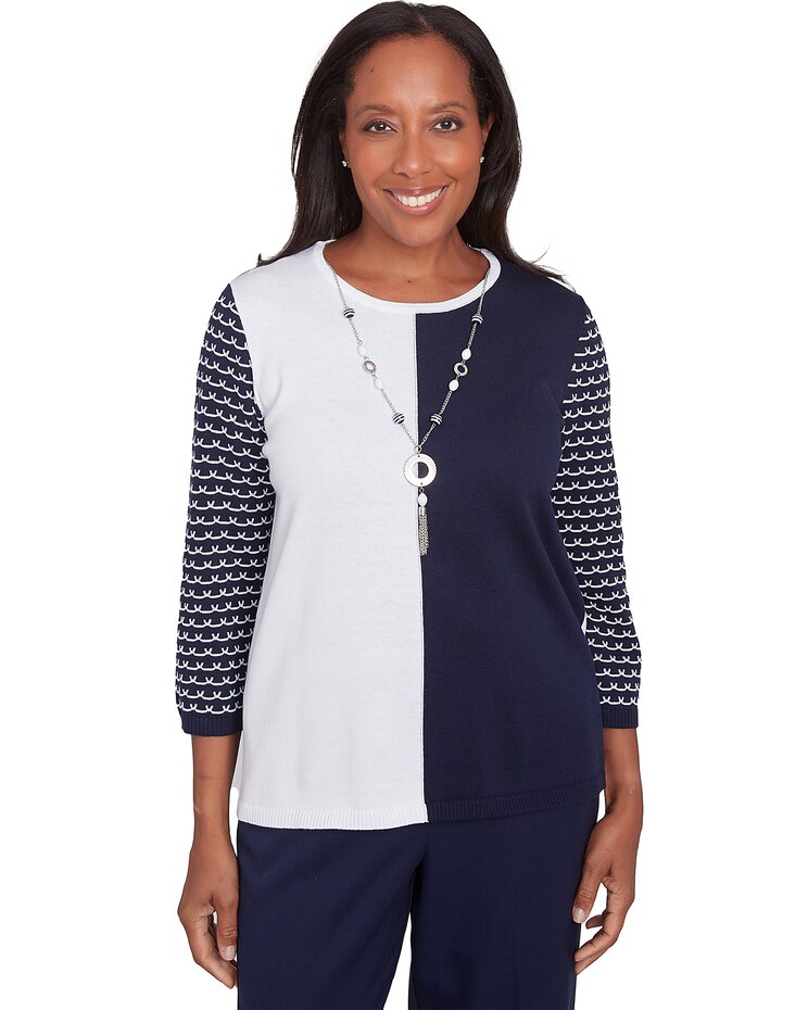 Alfred Dunner® Block Island Striped Sleeve Colorblock Sweater with Necklace image number 1