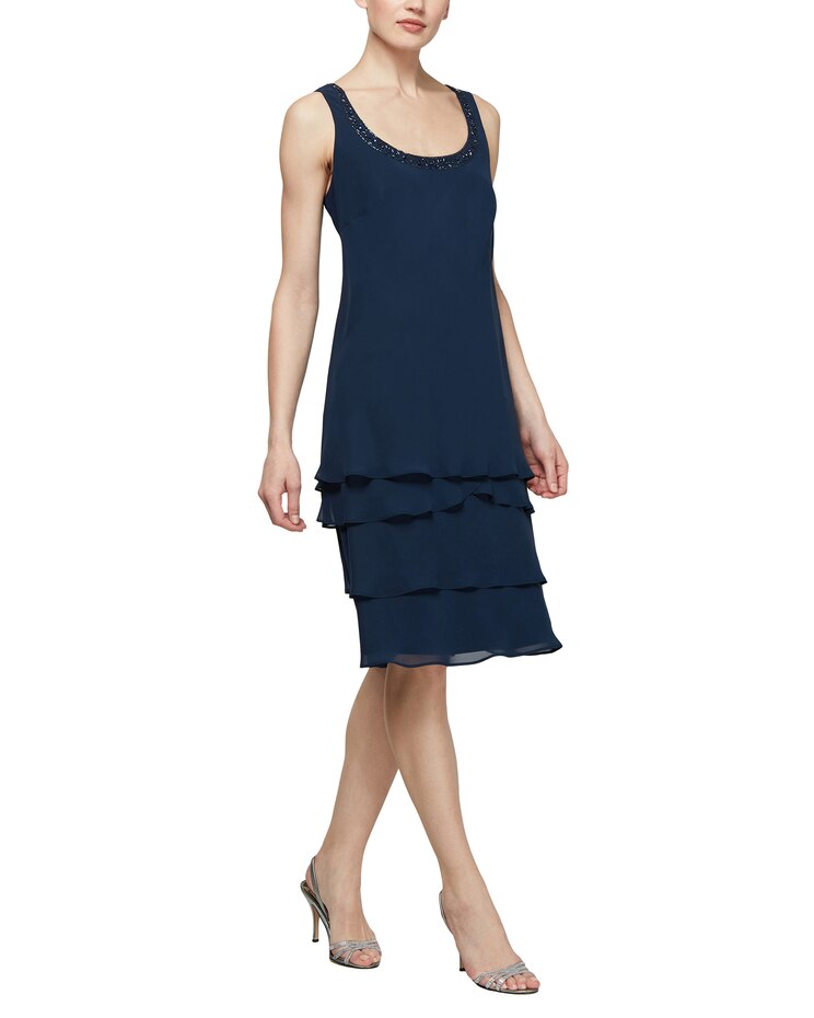 S.L. Fashions Lace Shoulder Beaded Tiered Dress image number 6