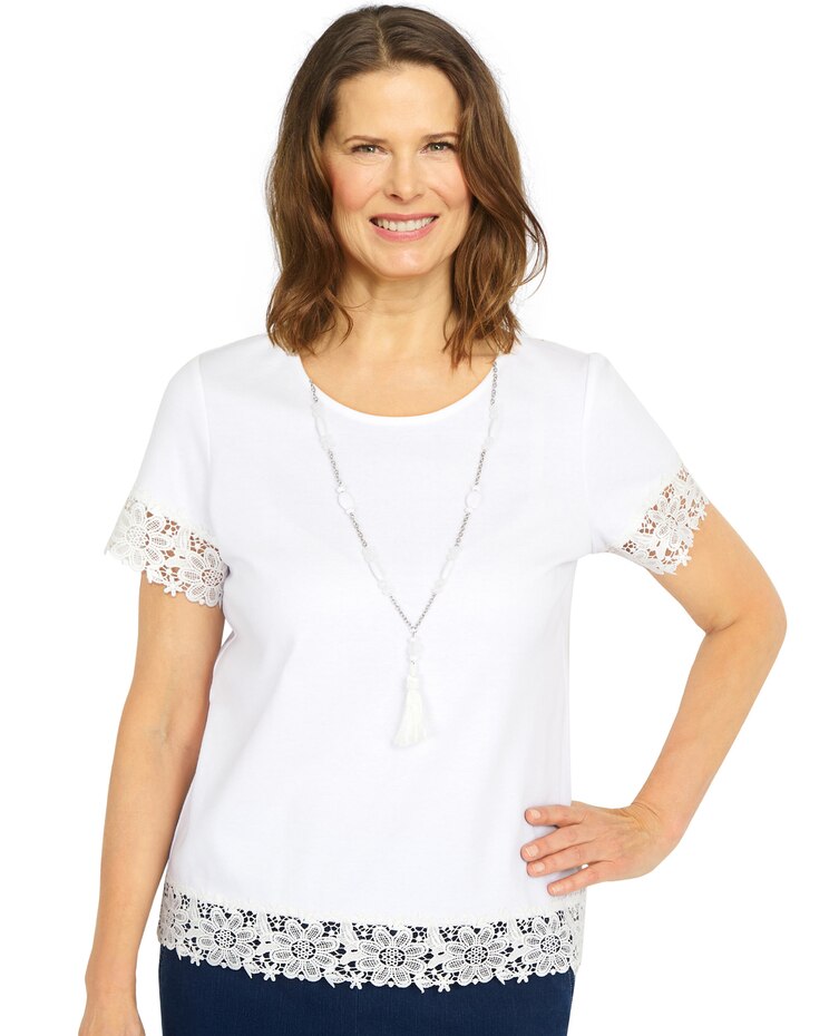 Alfred Dunner® Jean Pool Lace Trim Top With Necklace image number 1