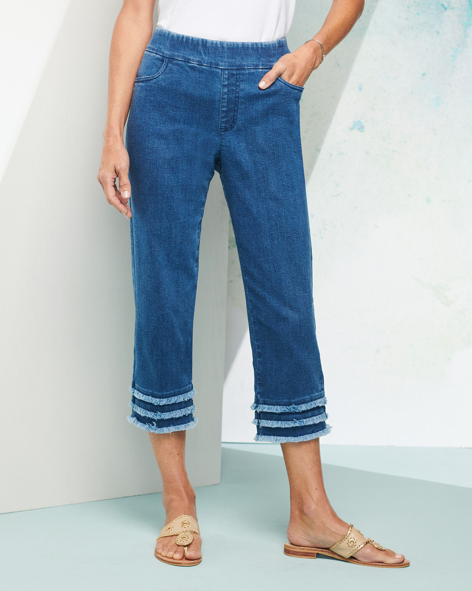 Denim capris with new arrivals fringe