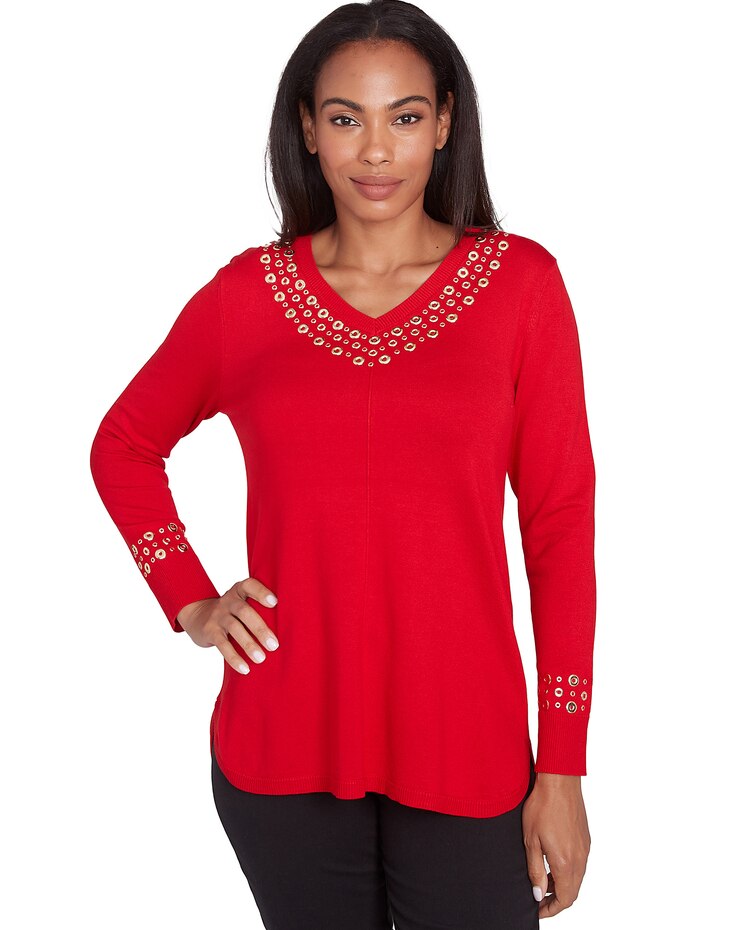 Ruby Rd® Berry Glam Emb Vneck Pullover Sweater image number 1