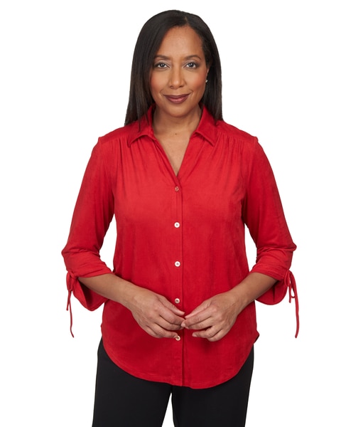 Alfred Dunner® Park Place Stretch Knit Suede Button Up Top