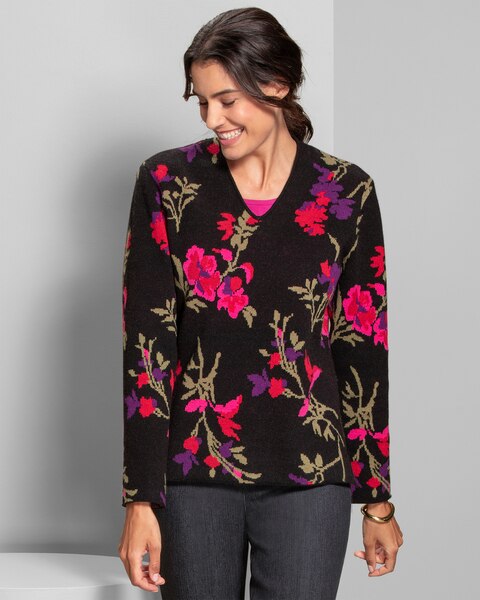 Graphic Floral Narrow V-Neck Sweater
