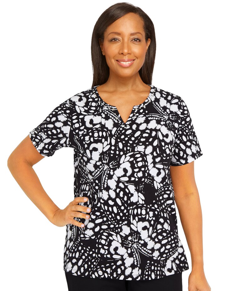 Alfred Dunner® Summer In The City Abstract Butterfly Split Neck Top image number 1