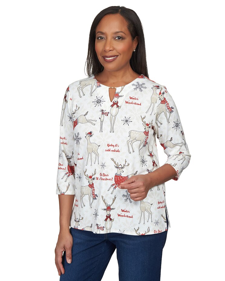 Alfred Dunner® Oh Deer Split Neck Top image number 3