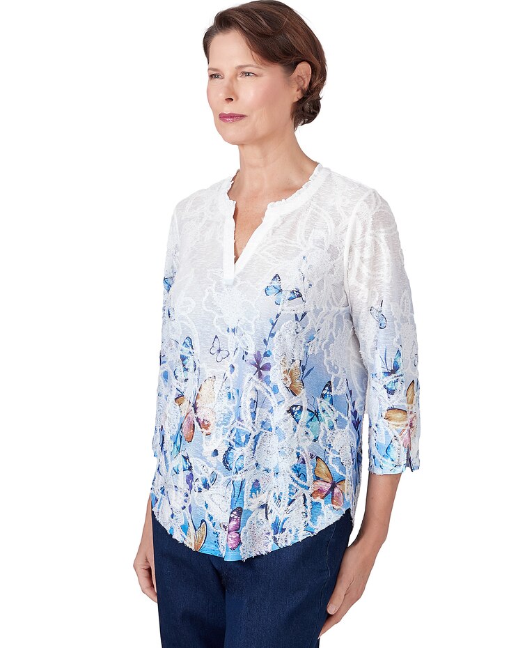 Alfred Dunner® In Full Bloom Butterfly Border Jacquard Split Neck Top image number 3