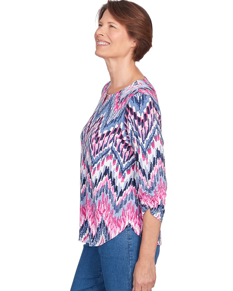 Alfred Dunner® Puff Print Ikat Chevron Split Neck Top image number 4