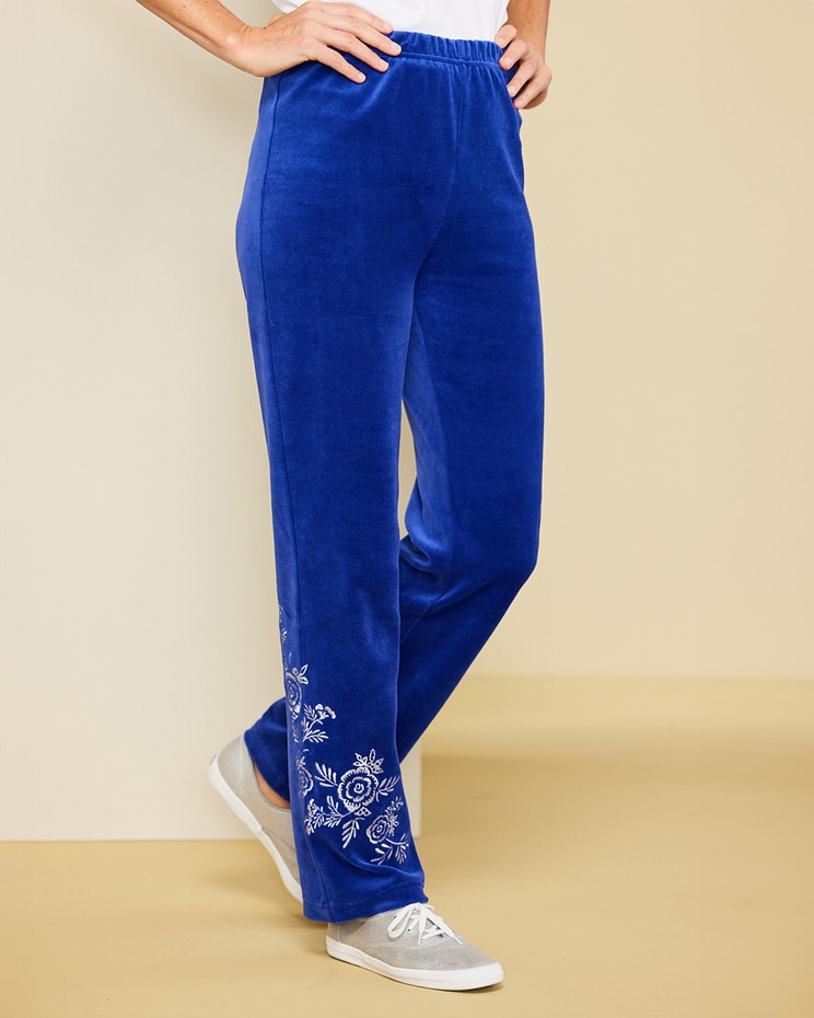 Floral Embroidered Velour Pants image number 1