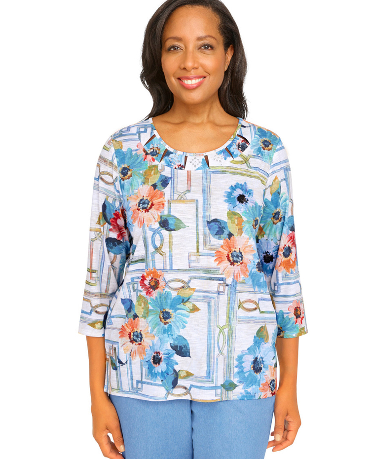 Alfred Dunner® Peace Of Mind Windowpane Floral Print Top image number 1