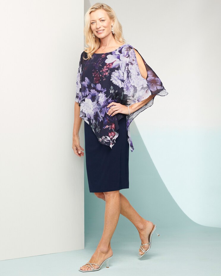 Sheath Dress With Chiffon Print Poncho image number 1