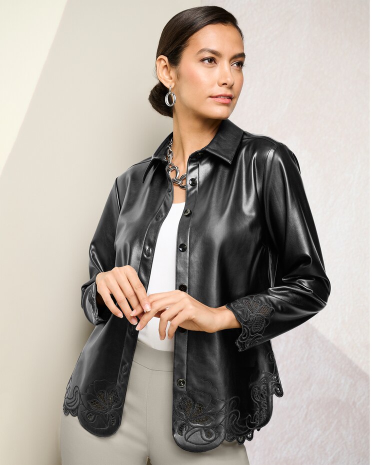 Vegan Leather Embroidered Shacket image number 1