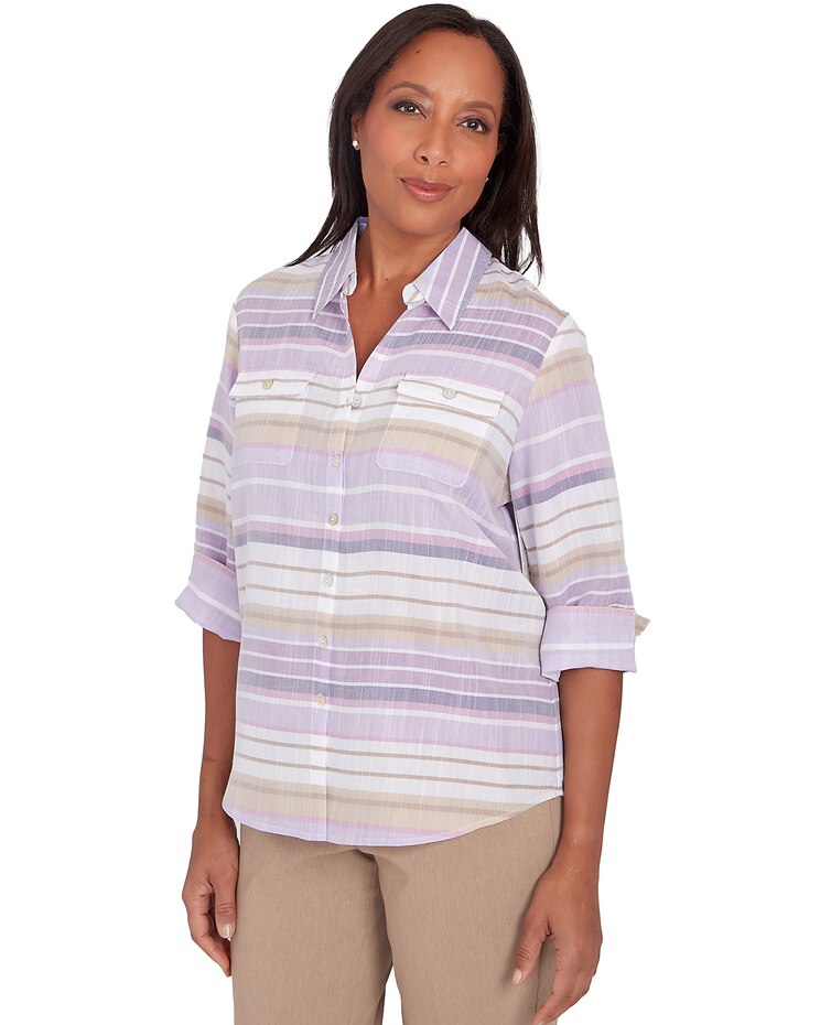 Alfred Dunner® Charm School Horizonatal Stripe Button Down Top image number 3