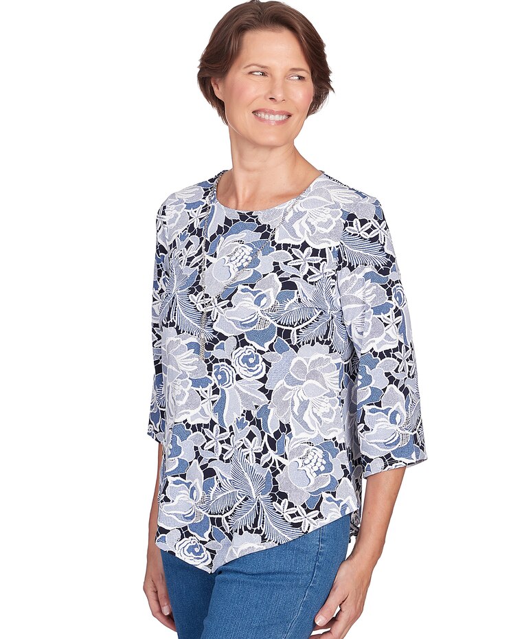 Alfred Dunner® Puff Print Lacey Floral Top with Necklace image number 3