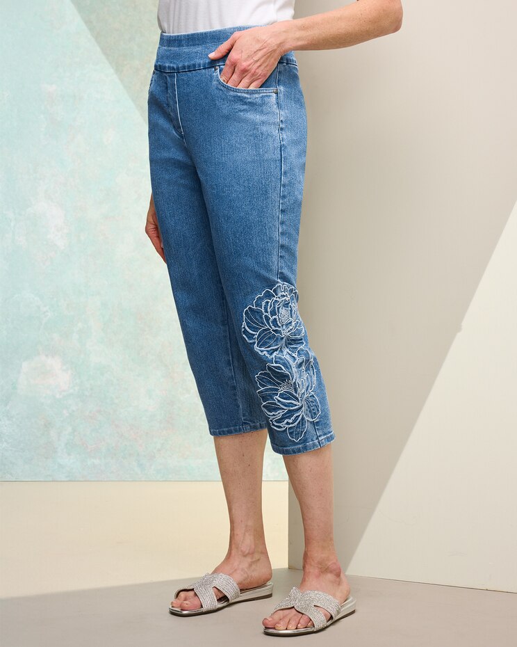 Floral Applique Denim Capri by Alfred Dunner image number 1