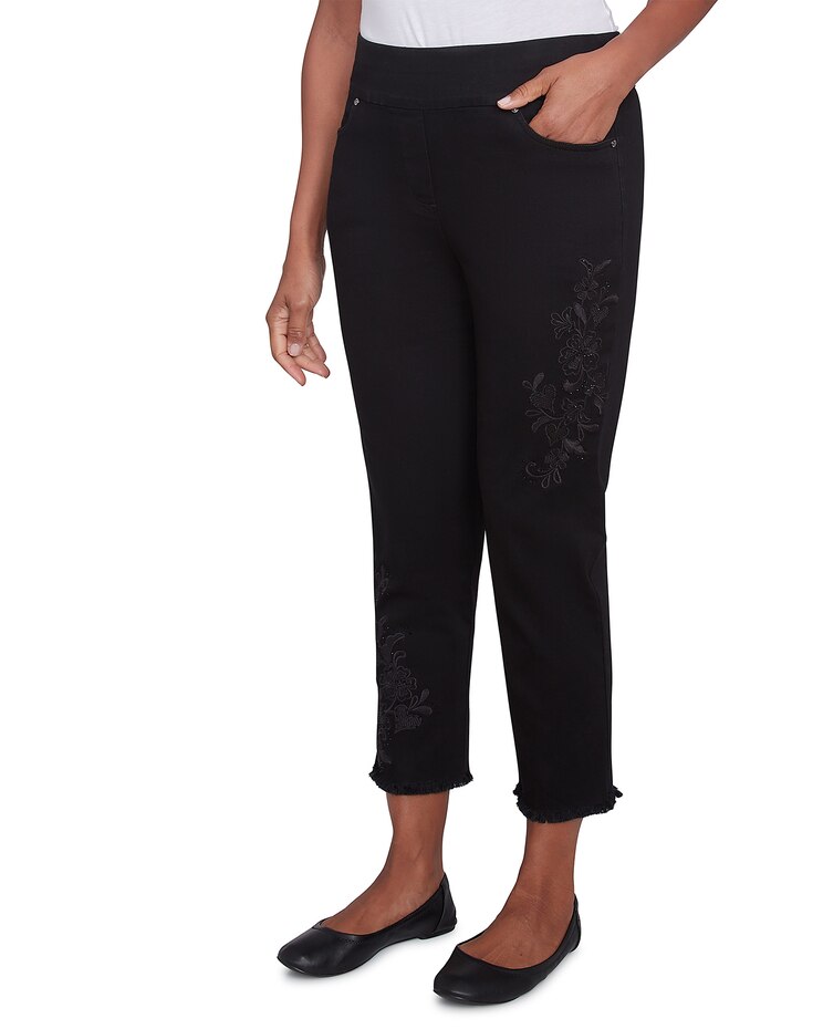 Alfred Dunner® Wild At Heart Embroidered Floral Denim Fringe Ankle Pant image number 3