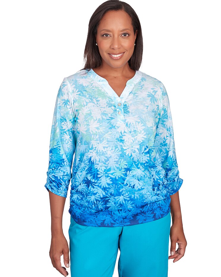Alfred Dunner® Tradewinds Ombre Leaves Buttoned Split Neck Top image number 1