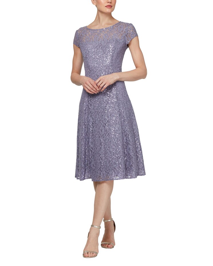 S.L. Fashions Cap Sleeve Tea Length Sequin Lace Dress image number 1