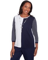 Alfred Dunner® Block Island Striped Sleeve Colorblock Sweater with Necklace thumbnail number 3