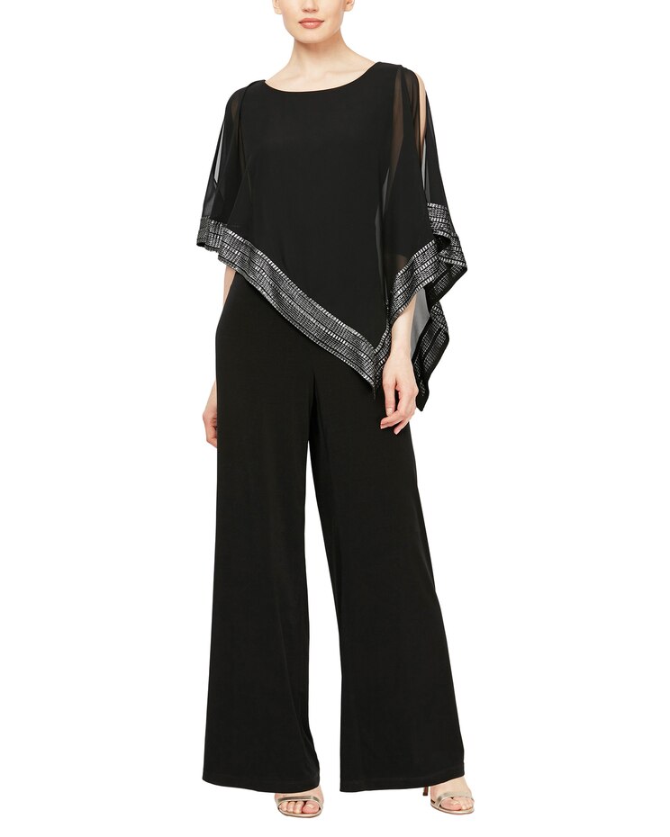 S.L. Fashions Jumpsuit with Attached Asymetric Cape and Silver Hem Detail image number 1