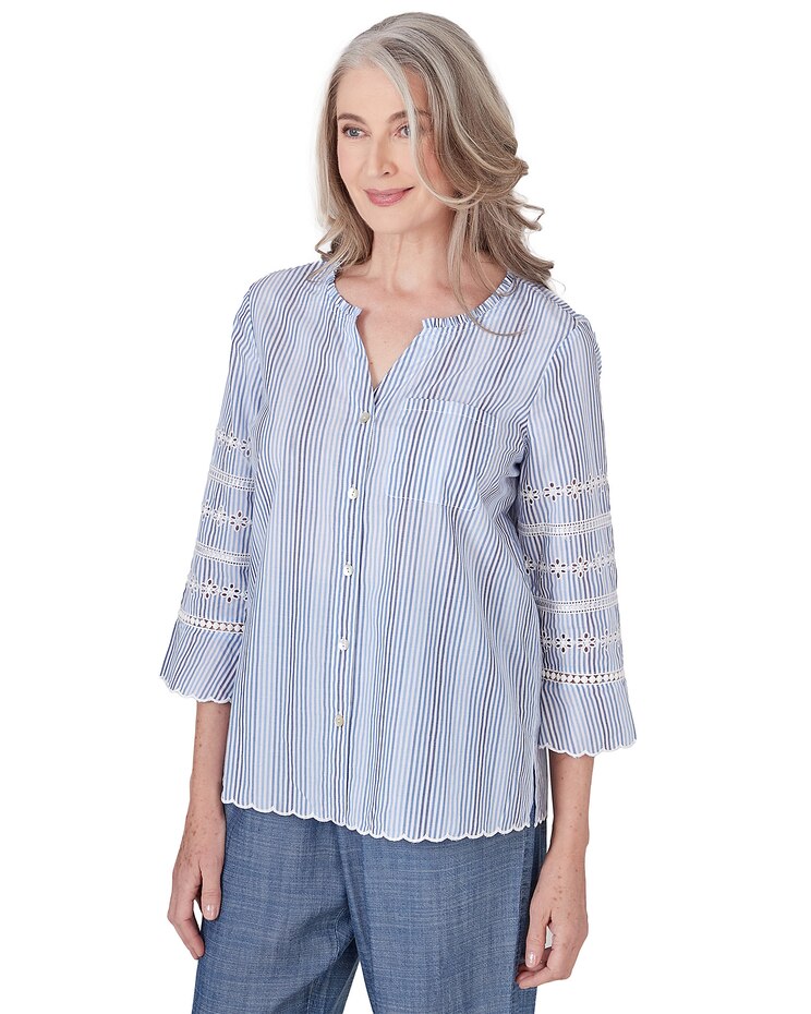 Alfred Dunner® Blue Bayou Pinstripe Embroidered Button Down Top image number 3
