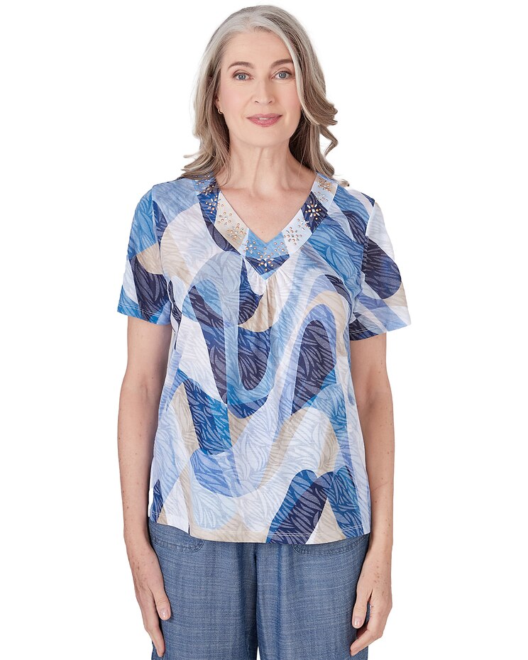 Alfred Dunner® Blue Bayou V-Neck Wavy Abstract Top image number 1