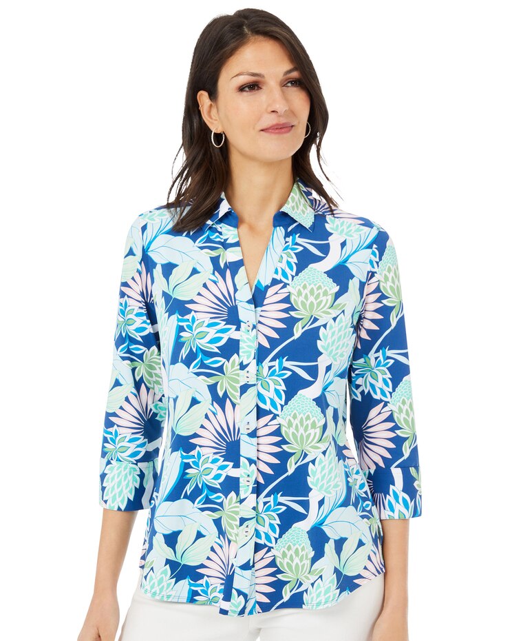Foxcroft Mary 3/4 Sleeve Oasis Floral Jersey Shirt image number 1