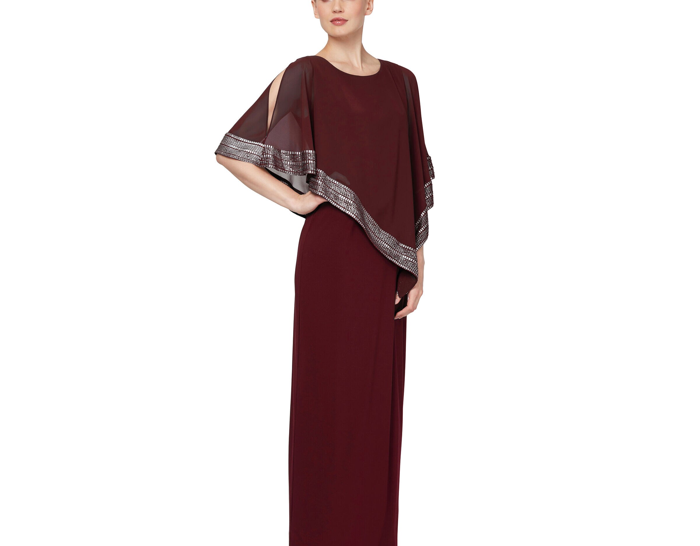 Alex Evenings Attached Cape Long Asymmetrical Foil Edge Gown