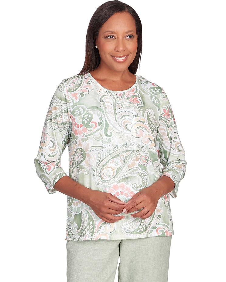 Alfred Dunner® English Garden Paisley Lace Paneled Crew Neck Top image number 1