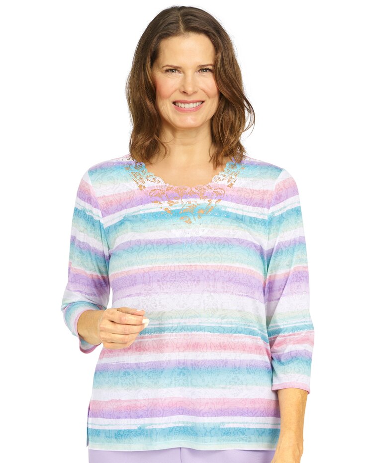 Alfred Dunner® Classic Burnout Stripe Lace Neck Top image number 1