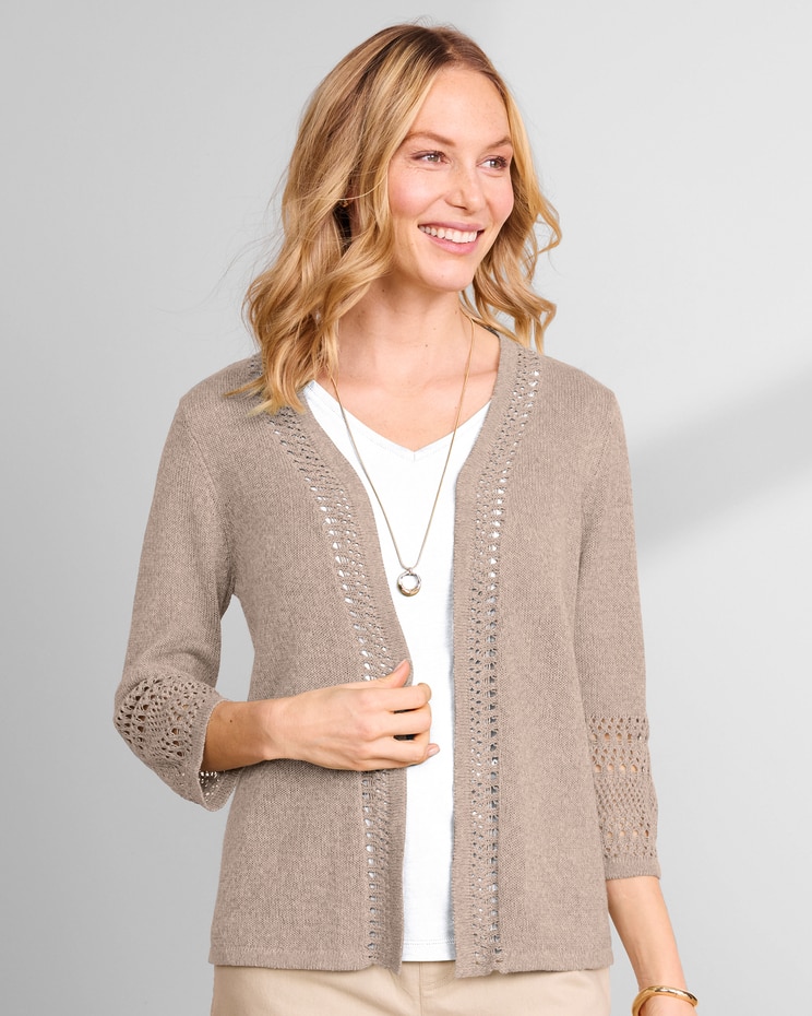 Linen/Cotton Crochet-Trim Cardigan  image number 2