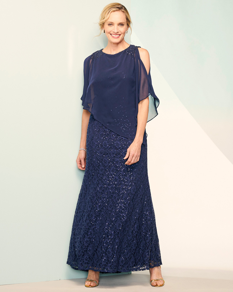 Sequin Lace Dress With Chiffon Poncho image number 1