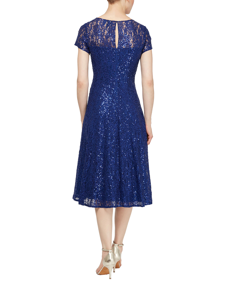 S.L. Fashions Cap Sleeve Tea Length Sequin Lace Dress image number 4