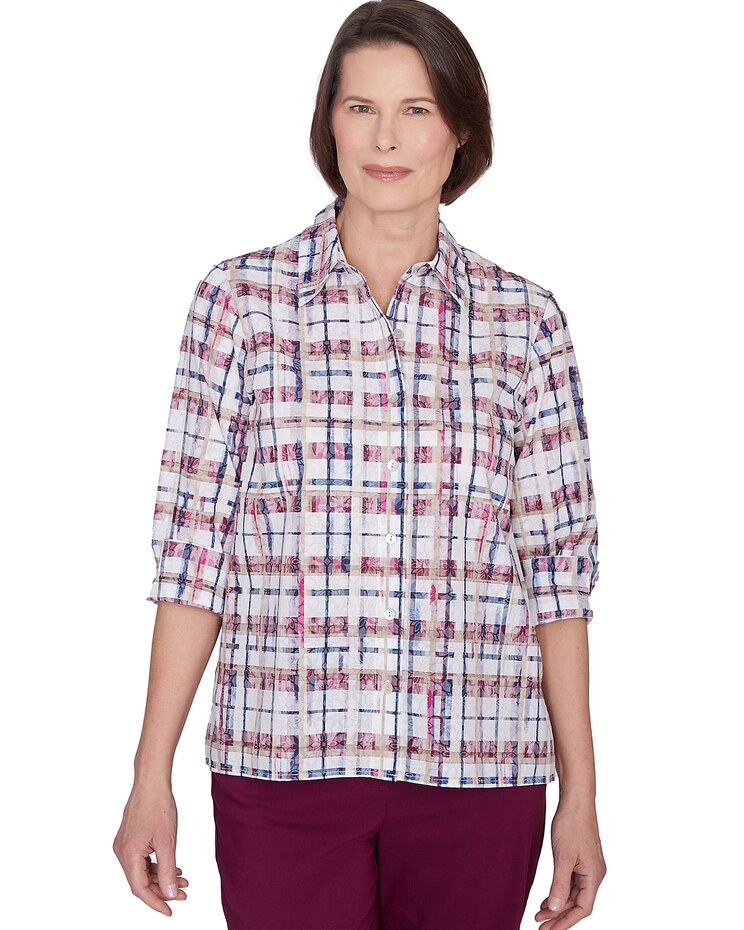 Alfred Dunner® Classics Plaid Cuffed Sleeve Button Down Top image number 1