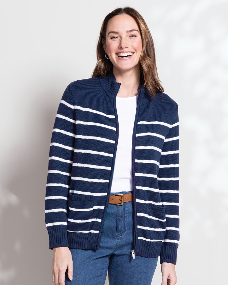Bayside Cotton Striped Patch-Pocket Zip Cardigan image number 1