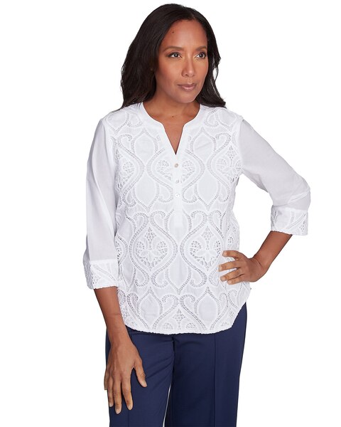 Alfred Dunner® Nantucket Lace Scroll Solid Henley Top