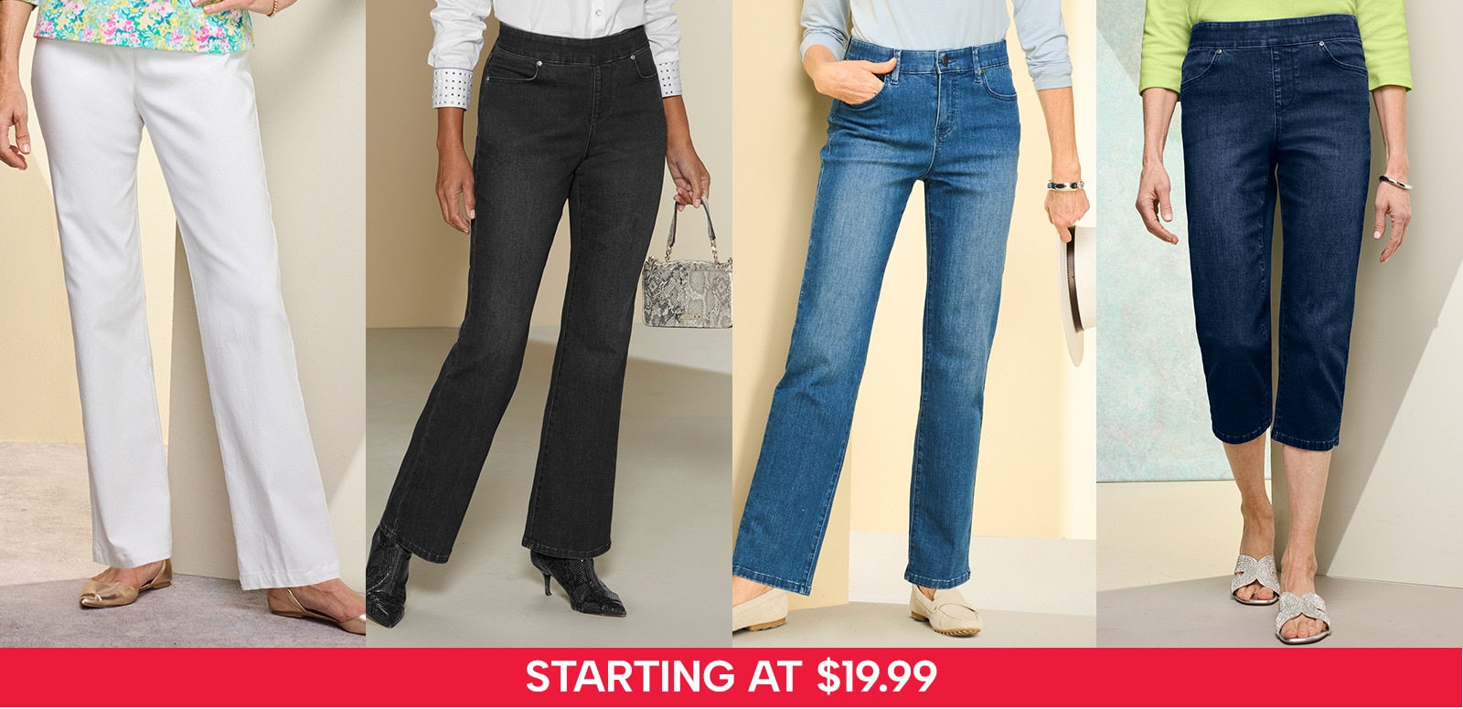 image montage of models wearing various styles of pants and jeans. starting at $19.99