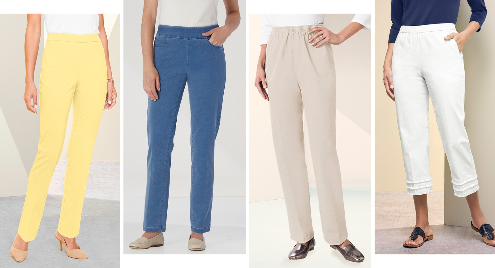 four images of bottom-half of models wearing different colored pants by Draper's & Damon's