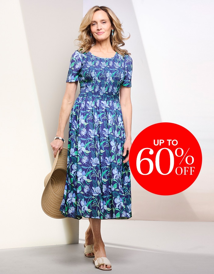 model wearing blue floral dress