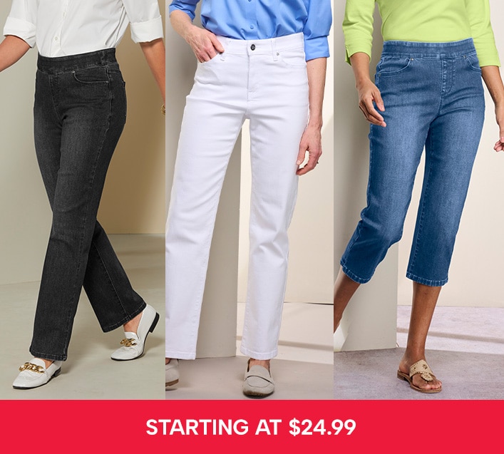 image montage of models wearing various styles of pants and jeans. starting at $24.99