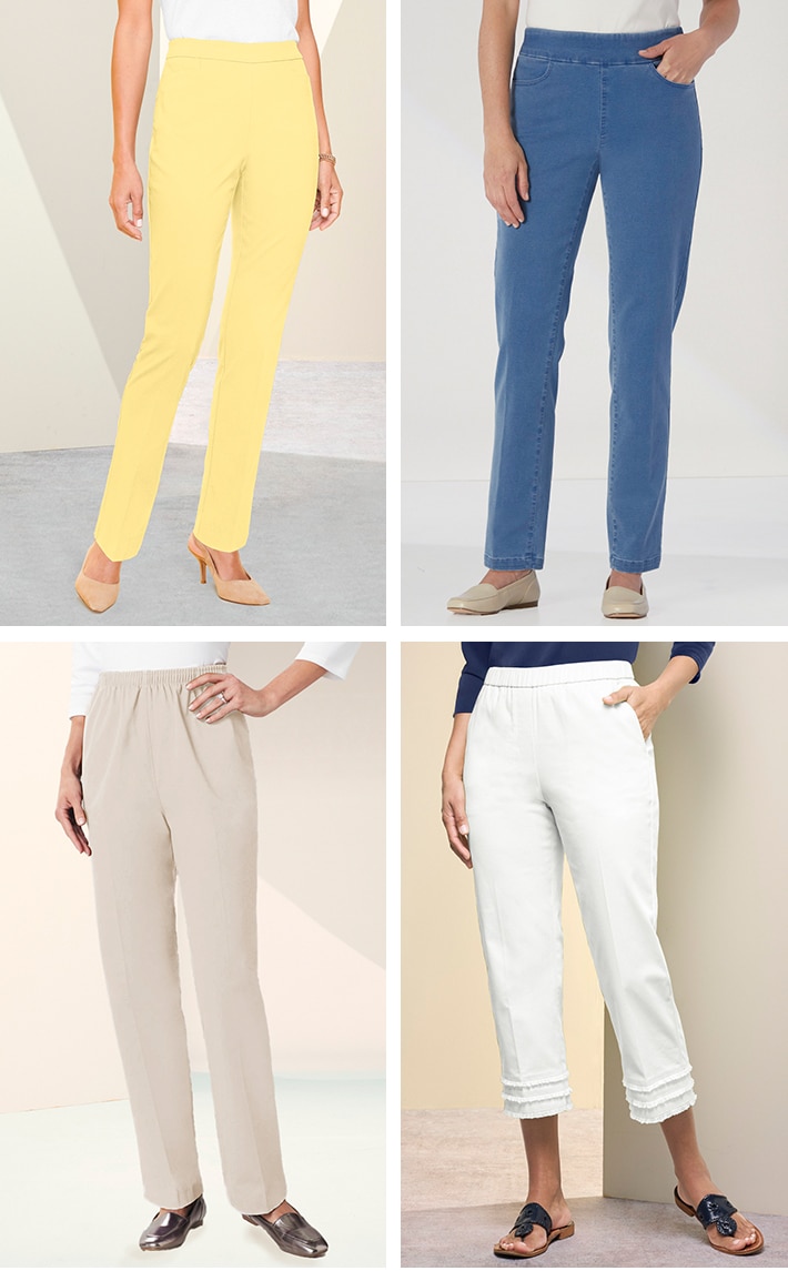 four images of bottom-half of models wearing different colored pants by Draper's & Damon's